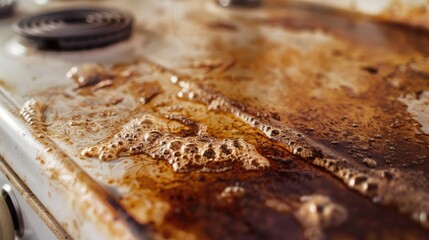 A dirty stove top covered in oil, suitable for kitchen cleaning product advertisements