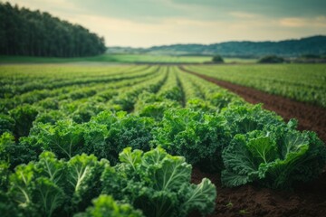 field of fresh kale vegetables ready to harvest. agriculture, farming and harvesting concept - obrazy, fototapety, plakaty