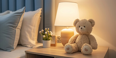 Toy teddy bear sitting on bedside table in baby bedroom - Powered by Adobe