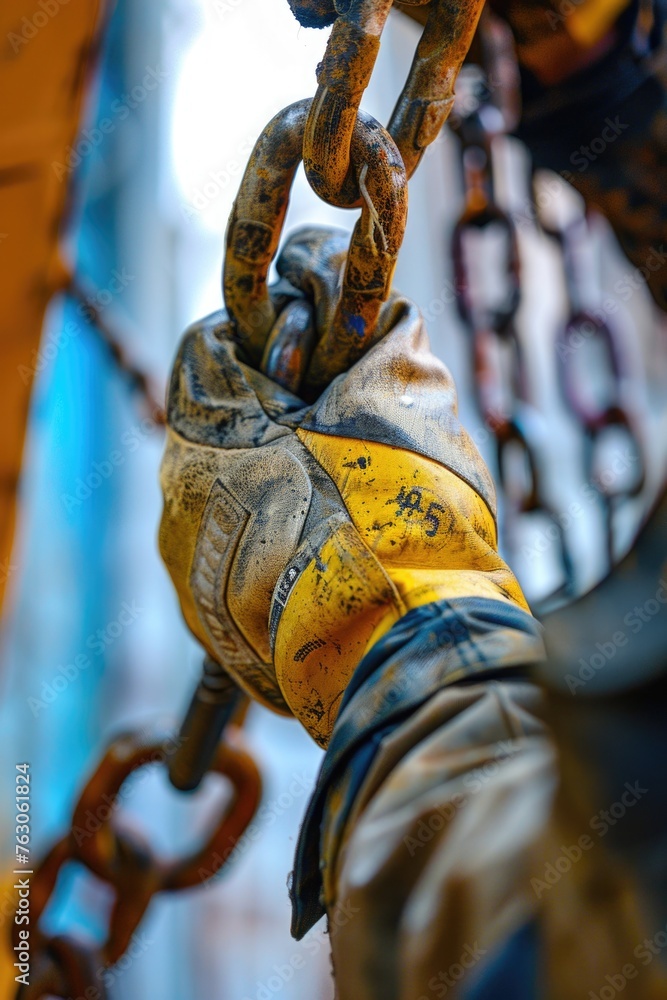 Poster a detailed shot of a hand holding a chain. suitable for concepts related to freedom or captivity