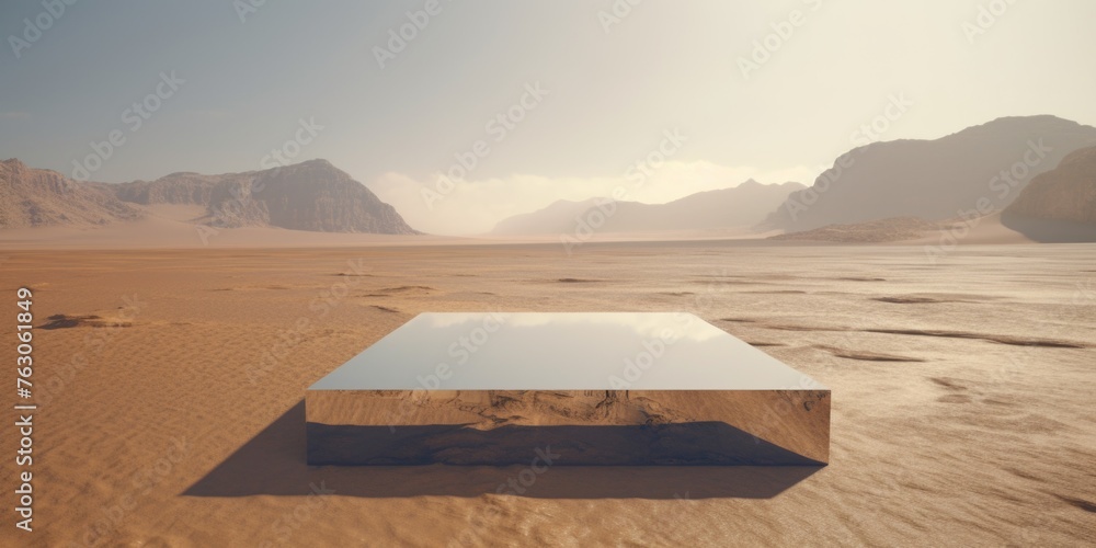 Poster a table placed in the middle of a barren desert. suitable for travel and adventure themes