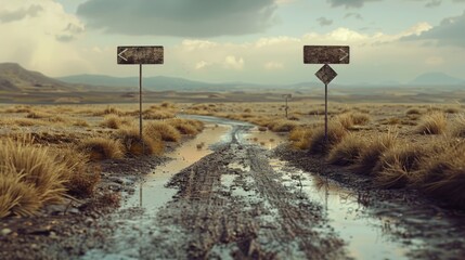 Two signs on a dirt road, suitable for travel concept - obrazy, fototapety, plakaty