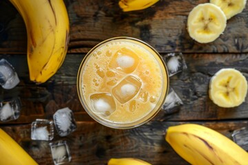 Glass with natural cold banana drink with ice on wooden table with fruit around. Top view. Horizontal composition.