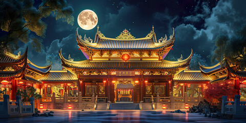 Traditional Chinese Buddhist Temple illuminated