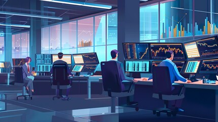 A modern financial trading floor with traders monitoring stock prices and making transactions, ideal for adding a dynamic and fast-paced feel to designs