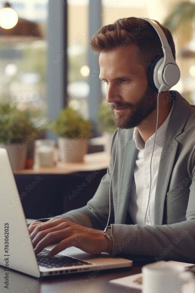 Poster A man wearing headphones while using a laptop. Suitable for technology and work-related concepts