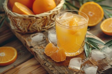 Fototapeta premium Glass with natural orange drink with a lot of ice and basket with fruit on a wooden table. Elevated view. Horizontal composition.
