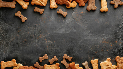 Variety of dog biscuits on a dark textured background.