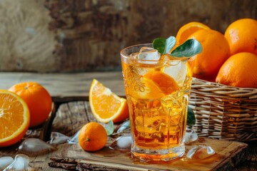 Glass with natural orange drink with a lot of ice and basket with fruit on a wooden table. Elevated view. Horizontal composition.