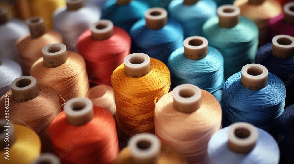 Poster A pile of assorted thread spools, versatile for various sewing projects