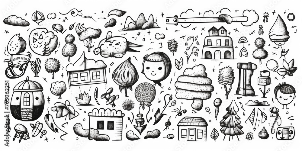 Poster A collection of various objects in a black and white drawing. Suitable for graphic design projects