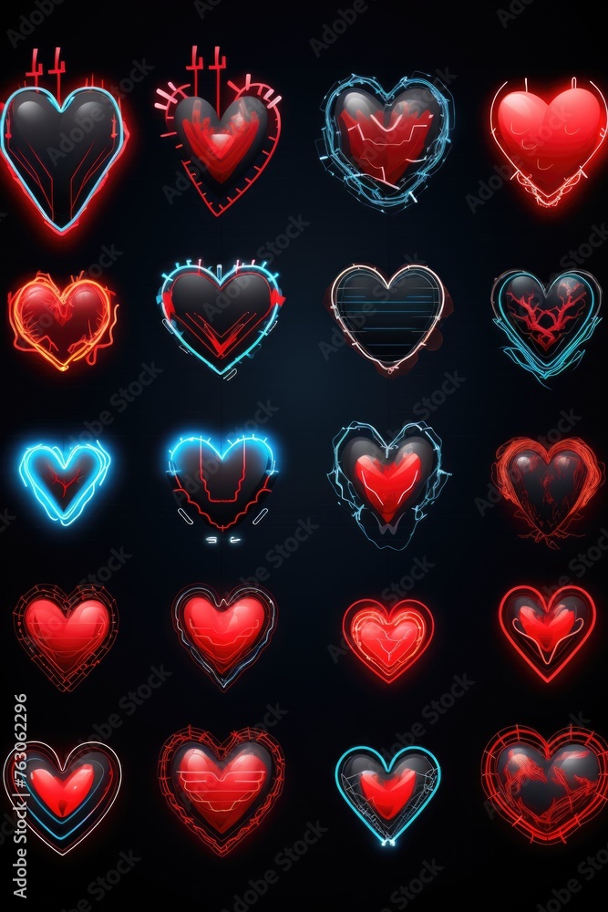 Poster neon hearts glowing on a dark black background, perfect for adding a pop of color to your designs