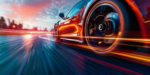 A car is speeding down a road with a bright orange wheel. Generative AI