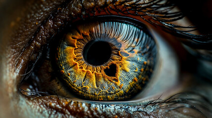 gros plan sur l'iris d'un œil avec une tâche noire en forme de cœur - obrazy, fototapety, plakaty