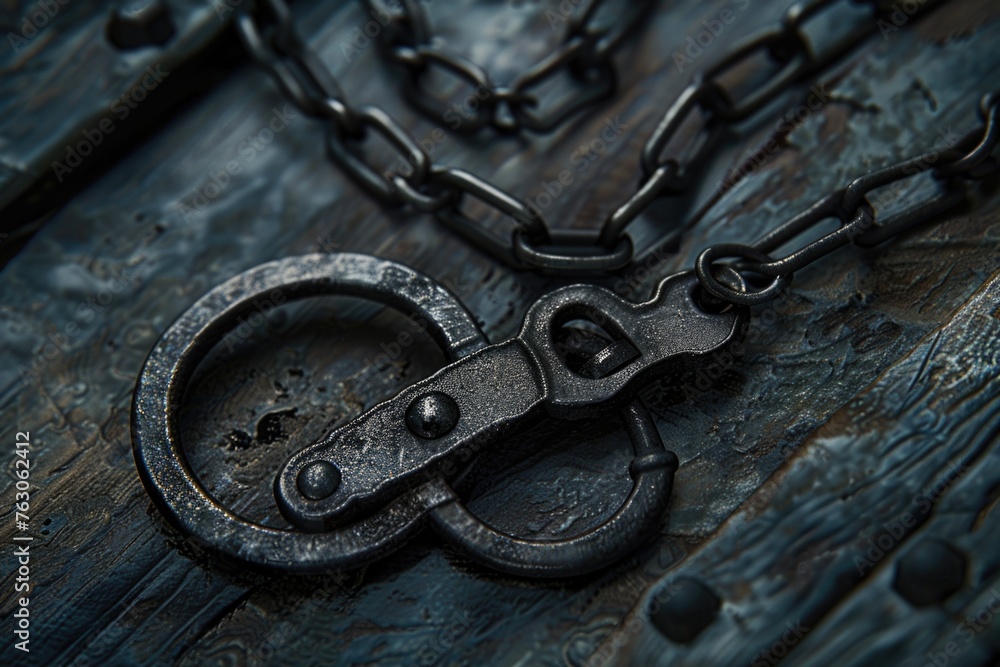 Aufkleber Close up of a chain and key on a wooden surface. Suitable for security and access concepts
