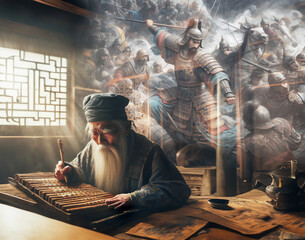 Old chinese man in ancient China writing a book about his knowledge and experiences in the battlefield.