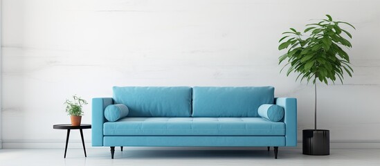 A living room featuring a blue sofa and a potted plant, complete with modern furniture and a touch...