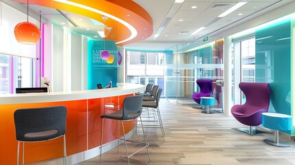 A modern bank branch interior with sleek and stylish design, showcasing a customer-centric approach to banking