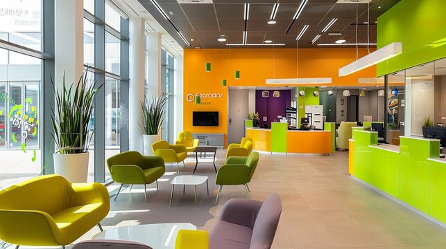 A modern bank branch interior with sleek and stylish design, showcasing a customer-centric approach to banking