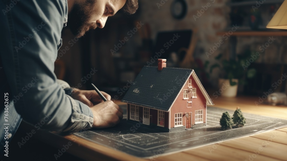 Poster a man sitting at a table with a model of a house. perfect for real estate concepts