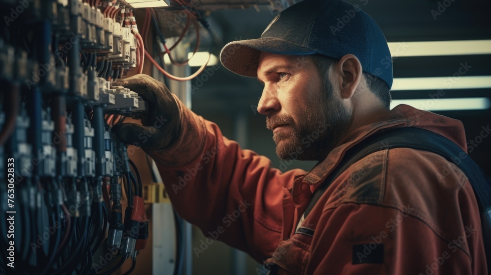 Poster a man in a red jacket working on an electrical panel. suitable for illustrating electrical work or i