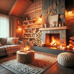 Ein Kamin mit Feuer in gem&uuml;tlichem Wohnraum