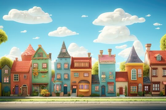 Row of vibrant houses on a city street, ideal for urban backgrounds