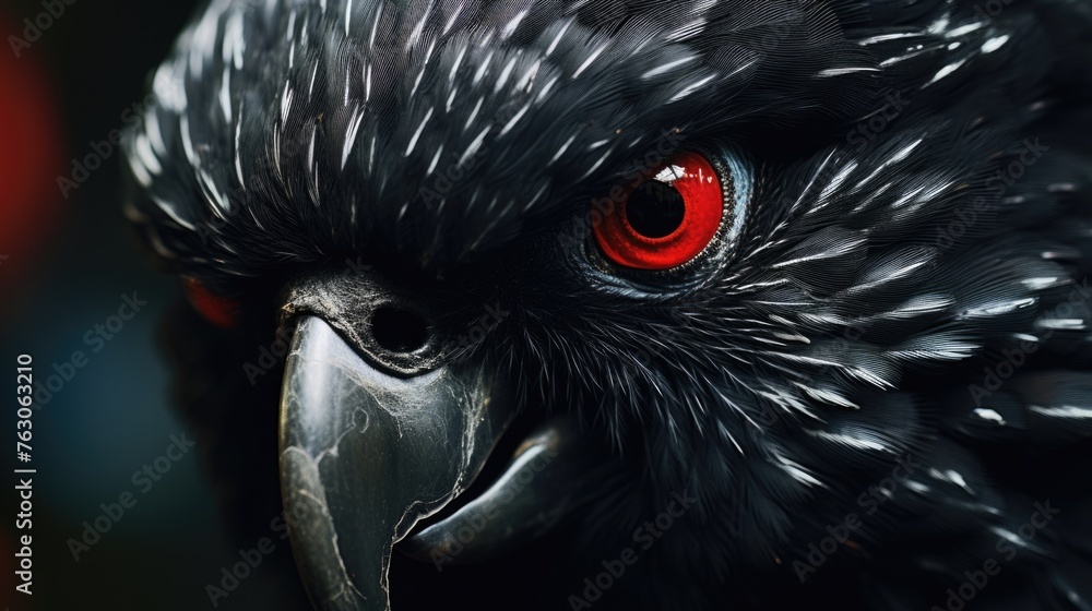 Poster Close-up image of a black bird with striking red eyes. Suitable for various dark and mysterious themes