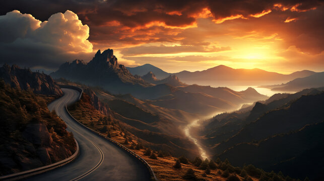 Road over the mountain in a cloudy sunset ..