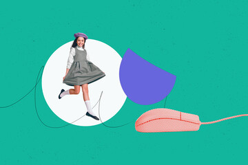 Sketch image artwork composite 3D photo collage of small preteen schoolgirl jump at huge computer halftone mouse click gamer play © deagreez