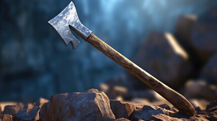A large axe sitting on top of a pile of rocks. Suitable for outdoor, adventure, and survival themes - Powered by Adobe