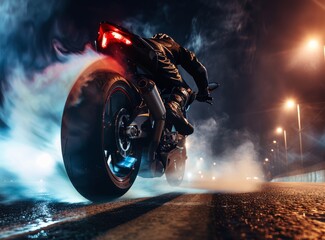 Character riding motorcycle down street at night in electric blue darkness