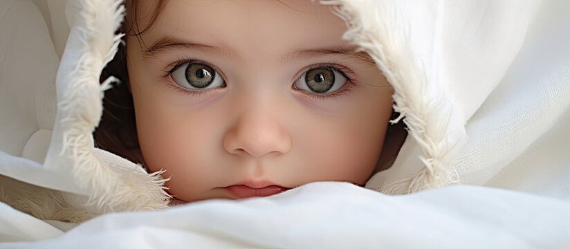The babys nose, cheek, and skin are peeking out from under a white blanket, with their eye, eyelash, mouth, ear, jaw, and iris visible. The happy expression on their face is heartwarming
