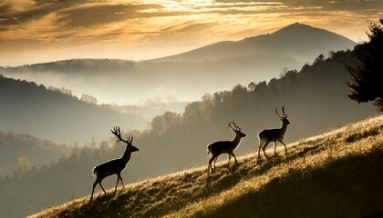 Silhoutte of deers walking through the hill, nature, forest, woods,