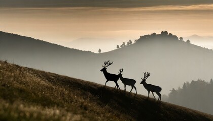 Fototapeta na wymiar Silhoutte of deers walking through the hill, nature, forest, woods,