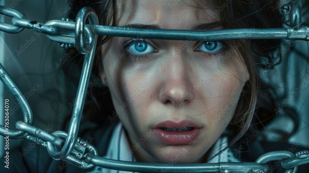 Poster Close up shot of a person standing behind a chain link fence. Suitable for security or imprisonment concepts