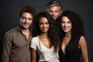 Obraz premium Portrait of four people, two of whom are men of Caucasian appearance and two girls of Caucasian and African appearance.