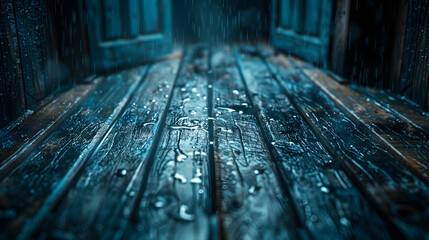 a wooden floor with water drops on it in a dark room - obrazy, fototapety, plakaty