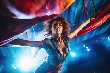 A woman with red hair performing on a stage. Suitable for music or theater concepts