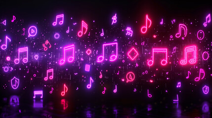 Glowing Purple Music Icons. Generative AI.