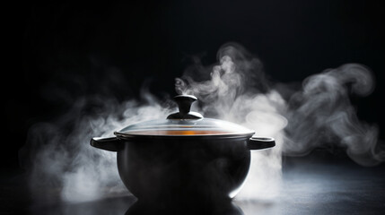 Selective focus.steaming pot on black background. Smoke