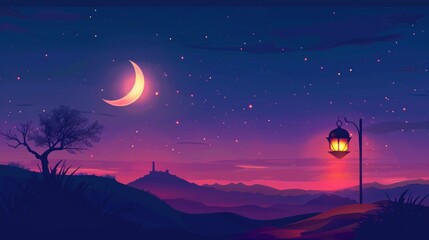 Minimalist vector art for Laylat al-Qadr, focusing on a peaceful night scene with a single glowing lantern and a crescent moon - obrazy, fototapety, plakaty