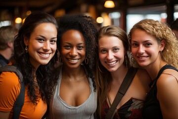 Portrait of a group of four girls of different nationalities, a meeting of friends in a cafe. - obrazy, fototapety, plakaty