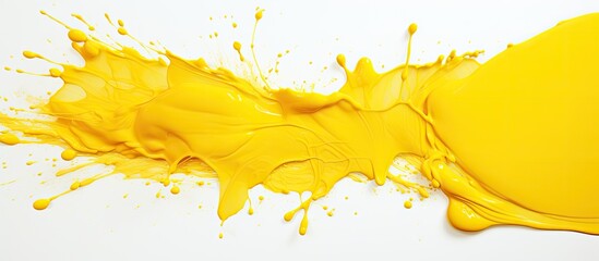 A splash of amber liquid like a paint on a white canvas, adding a touch of yellow to create a vibrant dish in the art of cuisine - obrazy, fototapety, plakaty