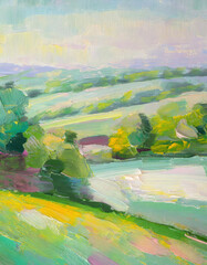 An acrylic painted scene, rendered in the impressionist style, capturing the charm of rolling hills...