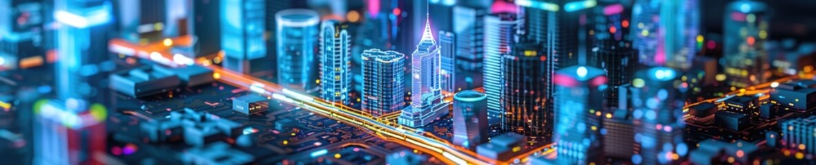 A conceptual visualization of a smart city with glowing structures on a digital circuit board, symbolizing urban technology integration concept. AIG41 - obrazy, fototapety, plakaty