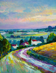 An acrylic painted scene, rendered in the impressionist style, capturing the charm of rolling hills and verdant landscapes