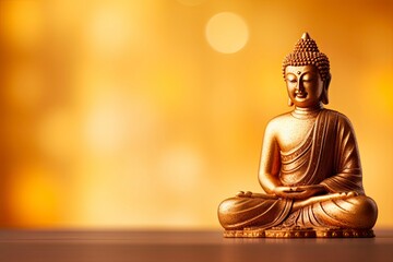 Buddha statue on golden background and copy space - generative ai