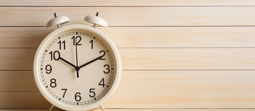 A wooden wall displays a white alarm clock, with a rectangular shape and circle design elements, hanging as if in a picture frame