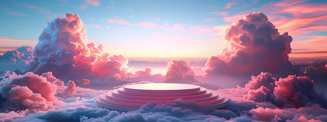  3D pink podium with a dreamy sky background, providing a minimal and abstract scene for showcasing products or creating a beauty-themed display. Elegance stage with pastel tones and cloud elements. - obrazy, fototapety, plakaty